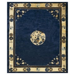 1920s Navy Field Medallion Floral Greek Key Antique Chinese Peking Rug 8' x 9'6"
