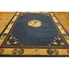 1920s Navy Field Medallion Floral Greek Key Antique Chinese Peking Rug 8' x 9'6"