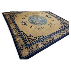 1890s Antique Mongolian Chinese Camel Dragon Medallion Square Hand Knotted Rug