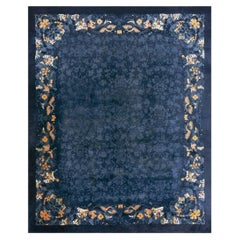 1920s Antique Wool Allover Floral Rectangle Blue Hand Knotted Pile Peking Rug