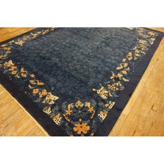 1920s Antique Wool Allover Floral Rectangle Blue Hand Knotted Pile Peking Rug
