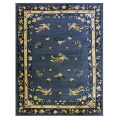 Blue Floral Bird Chinese Peking Knotted Room Size Blue Wool Antique 1920s Rug