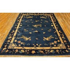 Blue Floral Bird Chinese Peking Knotted Room Size Blue Wool Antique 1920s Rug