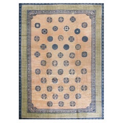 Antique Chinese Ningxia Allover Geometric Wool Hand Knotted Pile Coral 1850s Rug