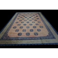 Antique Chinese Ningxia Allover Geometric Wool Hand Knotted Pile Coral 1850s Rug