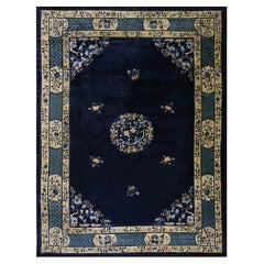 1900s Blue Antique Chinese Art Deco Peking Hand Knotted Rug 10'2" x 13'4"
