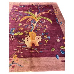 Alfombra china Art Déco de lana, anudada a mano, de estilo moderno con fondo morado, de los años 20