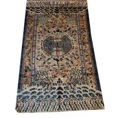 1980s Gray Cloud Band Classical Motif Medallion Vintage Chinese Silk Small Rug