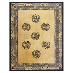 1880s Tan Camel Dragon Medallion Antique Chinese Peking Qing Knotted Wool Rug