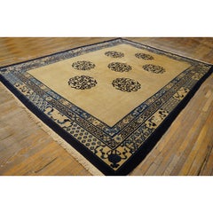 1880s Tan Camel Dragon Medallion Antique Chinese Peking Qing Knotted Wool Rug