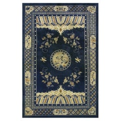 1920s Navy Blue Birds Medallion Antique Chinese Peking Carpet Knotted Wool Rug