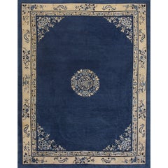 Antique Peking Chinese Floral Navy Open Field Medallion Oriental 1920s Rug