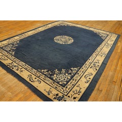Antique Peking Chinese Floral Navy Open Field Medallion Oriental 1920s Rug