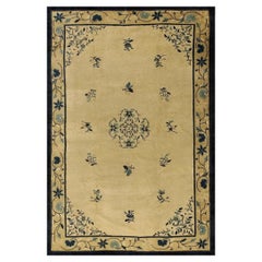 1900s Beige Floral Minimalist Deco Antique Peking Wool Knotted Small Rug
