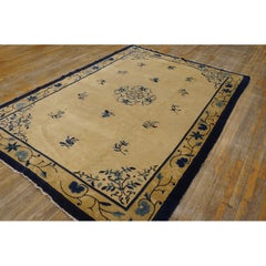1900s Beige Floral Minimalist Deco Antique Peking Wool Knotted Small Rug