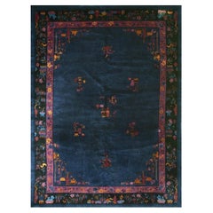 1920s Antique Navy Floral Oriental Chinese Art Deco Rug in Mandarin Quality