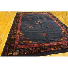 1920s Antique Navy Floral Oriental Chinese Art Deco Rug in Mandarin Quality