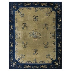 1920s Beige Field Floral Vase Deco Antique Chinese Peking Knotted Room Size Rug