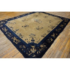 1920s Beige Field Floral Vase Deco Antique Chinese Peking Knotted Room Size Rug