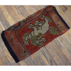 1870s Red Field Snow Lion Medallion Antique Chinese Tibetan Small Wool Rug