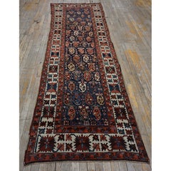 Antique Caucasian Blue Tribal Paisley Wool Hallway Runner Kazak Rug