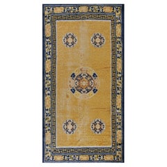 1750s Classic Yellow Greek Key Antique Chinese Ningxia Hallway Runner Wool Rug