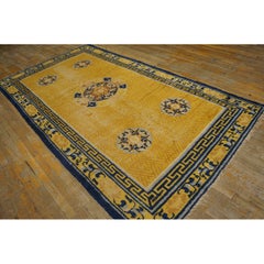 1750s Classic Yellow Greek Key Antique Chinese Ningxia Hallway Runner Wool Rug