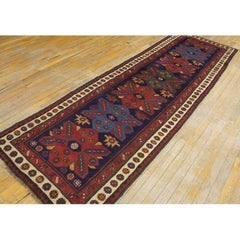 1900s Blue Navy Tribal Geometric Antique Caucasian Kazak Talish Runner Rug