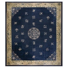 1900s Navy Blue Solid Floral Deco Antique Chinese Peking Knotted Room Size Rug