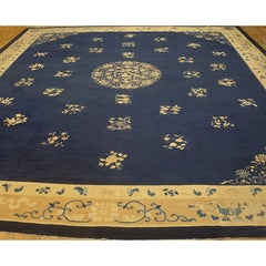 1900s Navy Blue Solid Floral Deco Antique Chinese Peking Knotted Room Size Rug