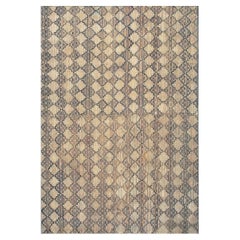 1900s Antique American Brown Room Size Geometric Lattice Folk Art Hooked Rug