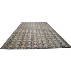 1900s Antique American Brown Room Size Geometric Lattice Folk Art Hooked Rug