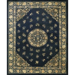 1890s Blue Oriental Floral Sprays Medallion Antique Chinese Peking Room Size Rug
