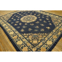 1890s Blue Oriental Floral Sprays Medallion Antique Chinese Peking Room Size Rug