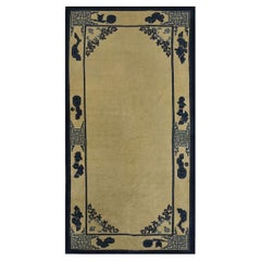 1900s Classic Beige Solid Field Chinese Motifs Antique Peking Small Wool Rug