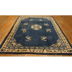 Classic Ivory Blue Color Antique Floral Medallion Pattern Chinese Peking Rug