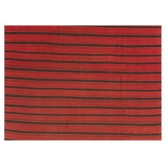 1950s Red Field Modern Stripe Vintage Turkish Kilim Flatweave Wool Small Rug