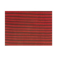 1950s Red Field Modern Stripe Vintage Turkish Kilim Flatweave Wool Small Rug