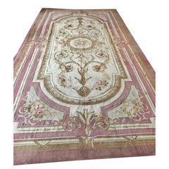 1850s Ivory Field Classical French Antique European Aubusson Oversized Rug