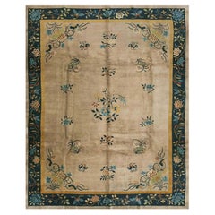 1900s Antique Chinese Peking Room Size Wool Brown Earth Tone Floral Motifs Rug