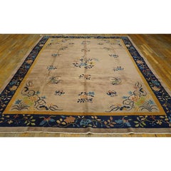 1900s Antique Chinese Peking Room Size Wool Brown Earth Tone Floral Motifs Rug