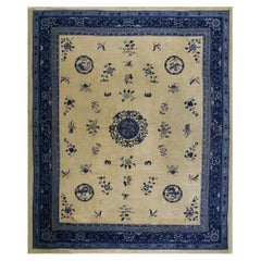 Classic Beige Greek Key Medallion Antique Wool Chinese Peking Ivory 1920s Rug