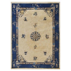 1920s Rectangle Beige Field Vase Medallion Antique Chinese Peking Knotted Rug