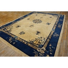 1920s Rectangle Beige Field Vase Medallion Antique Chinese Peking Knotted Rug