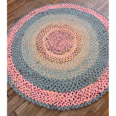 Tapis rond vintage des années 1980, en laine tressée à la main, aux couleurs variées, avec motif médaillon, de style américain