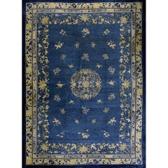 Classic 1920s Blue Greek Key Antique Wool Floral Chinese Room Size Peking Rug