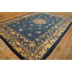 Classic 1920s Blue Greek Key Antique Wool Floral Chinese Room Size Peking Rug