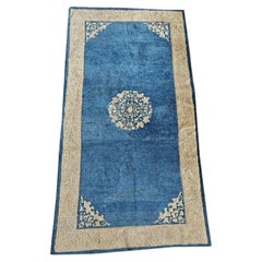 1920s Traditional Blue Ground Medallion Antique Chinese Peking Wool Small Rug