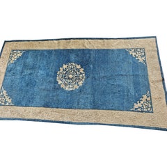 1920s Traditional Blue Ground Medallion Antique Chinese Peking Wool Small Rug