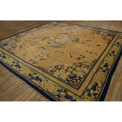 1890s Beige Cream Classic Greek Key Medallion Antique Chinese Peking Square Rug